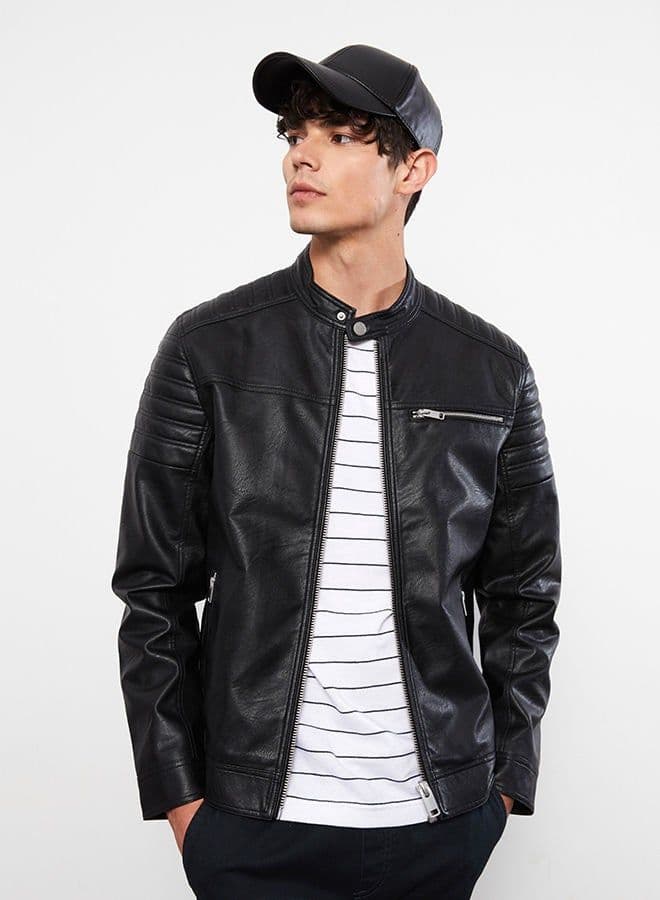 Slim Fit Stand Collar Men's Leather Look Coat 3