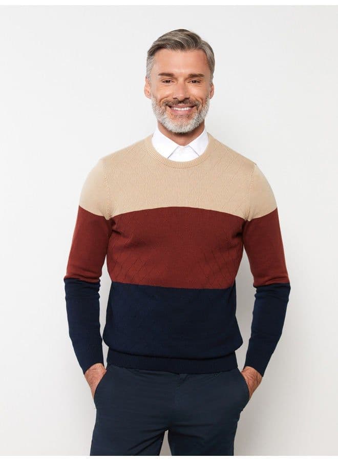 Crew Neck Long Sleeve Men's Tricot Sweater with Color Block 1