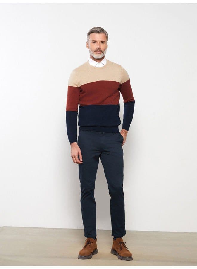 Crew Neck Long Sleeve Men's Tricot Sweater with Color Block 5