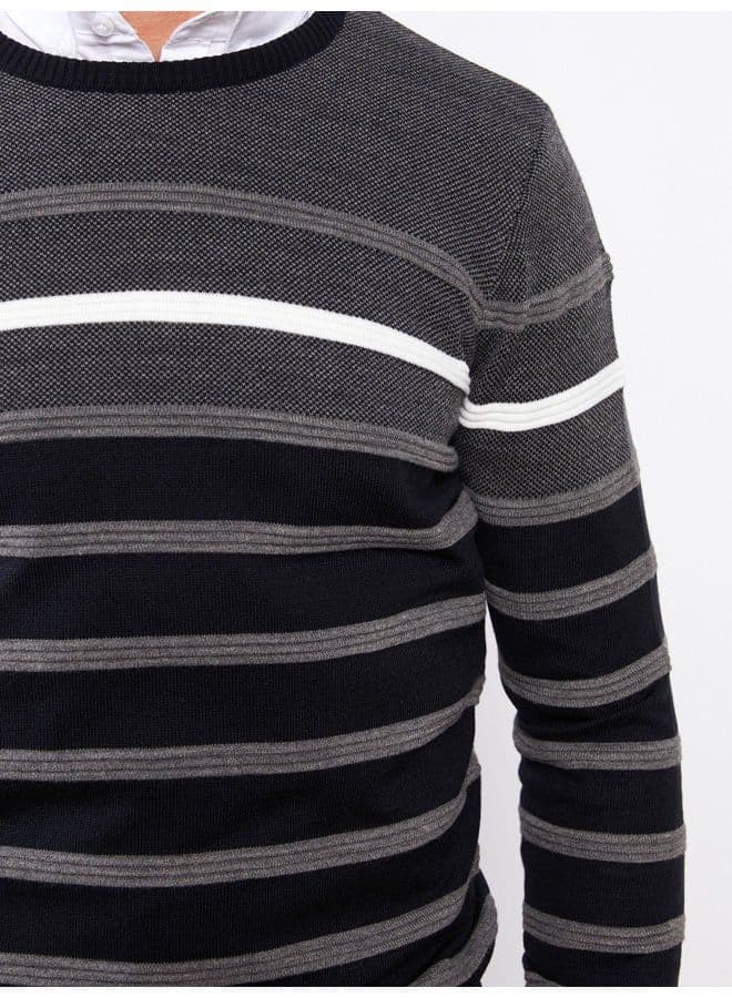 Crew Neck Long Sleeve Striped Men's Tricot Sweater 1
